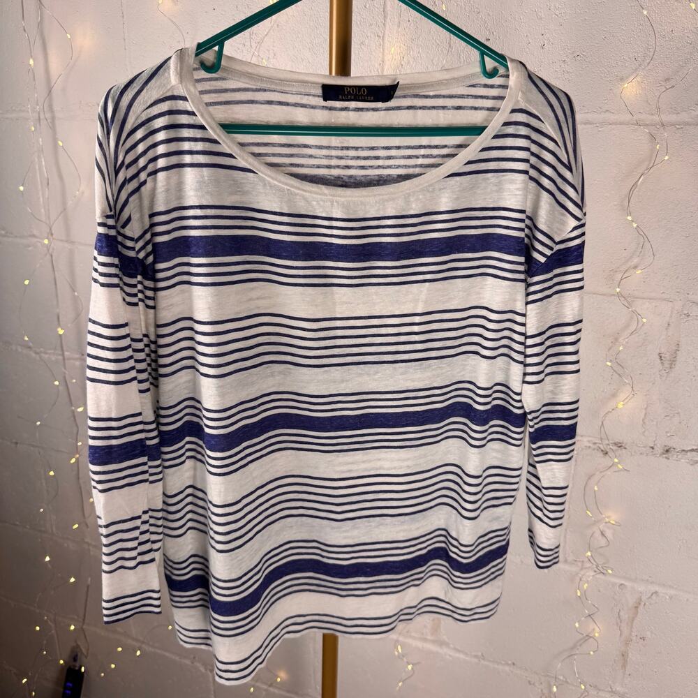 polo ralph lauren women’s 100% linen striped long sleeve top size L